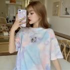 Short-sleeve Bear Print Tie Dye T-shirt