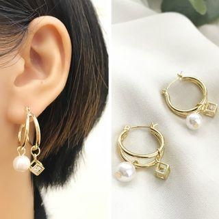 Faux Pearl Caged Rhinestone Hoop Dangle Earring As Shown In Figure - One Size
