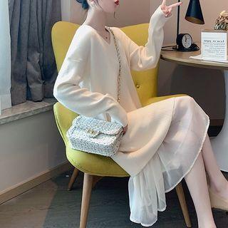 V-neck Chiffon Panel Sweater Dress