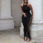 Spaghetti-strap Lace-up Skinny Jumpsuit