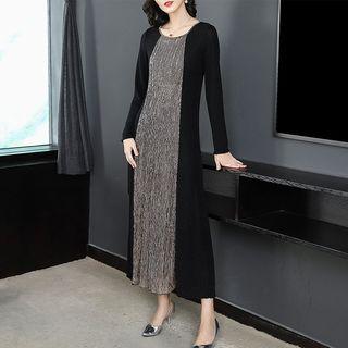 Long-sleeve Glitter Paneled Maxi Dress