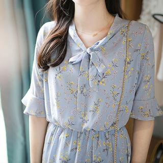 Elbow-sleeve Gathered-waist Tie-front Floral Dress