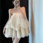 Strapless Tiered Puffy Mini Dress Almond - One Size