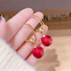 Faux Pearl Alloy Dangle Earring Cs038 - 1 Pair - Gold & Red - One Size