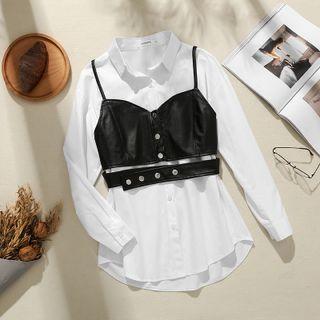 Plain Shirt / Faux Leather Camisole Top / Set