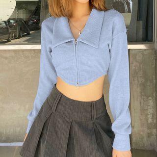 Long-sleeve Collared Zip Crop Top