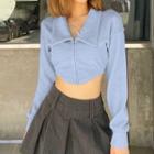 Long-sleeve Collared Zip Crop Top