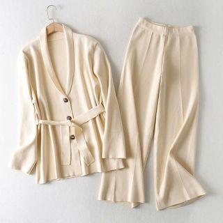 Set: Tie-waist Cardigan + Wide-leg Pants