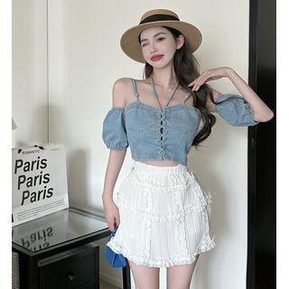 Cold-shoulder Denim Crop Top / Mini A-line Skirt