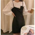 Long-sleeve Pintuck Blouse / Spaghetti Strap Mini A-line Dress