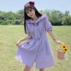 Plaid Short Sleeve Collared Button-front Dress As Shown In Figure - One Size