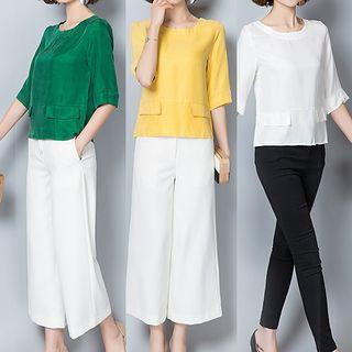 Square Neck Elbow-sleeve Top