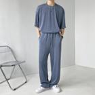 Set: Short-sleeve Plain T-shirt + Drawstring Wide-leg Pants
