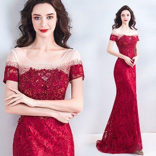Short-sleeve Embroidered Mermaid Evening Gown