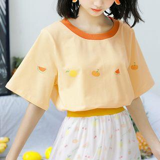 Contrast Collar Fruit Print Short-sleeve Top