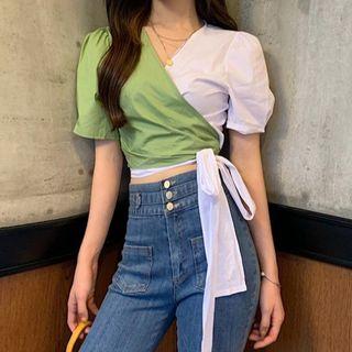 Color-block V-neck Tie-waist Blouse As Shown In Figure - One Size