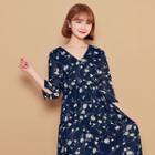 Elbow-sleeve V-neck Floral Print A-line Dress