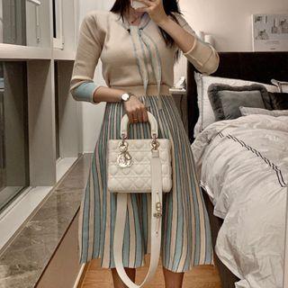 Set: Tie-neck Sweater + Striped Midi A-line Skirt Set - Pink & Blue - One Size