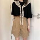 Set: Short-sleeve Lace Shawl Accent T-shirt + Pleated A-line Shorts