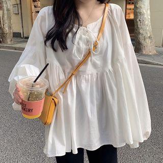 Puff-sleeve Lace-up Plain Blouse
