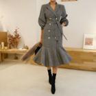 Wool Blend Ruffled Coatdress With Sash Black - One Size