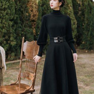 Set: Plain Mock-neck Knit Top + Midi A-line Skirt