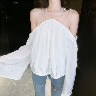 Rhinestone Strap Long-sleeve Top White - One Size