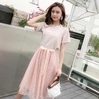 Set: Short-sleeve Top + Lace A-line Midi Skirt
