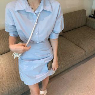 Collared Plain Short-sleeve Mini Sheath Dress