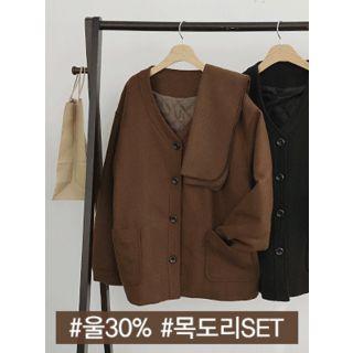 V-neck Wool Blend Buttoned Jacket With Scarf