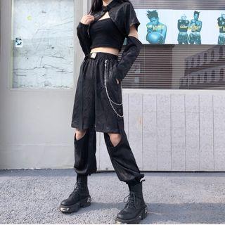 Detachable Long Sleeve Embroidered Top / Cutout Harem Pants