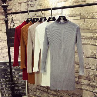 Ruffle Mock Neck Long-sleeve Knit Dress