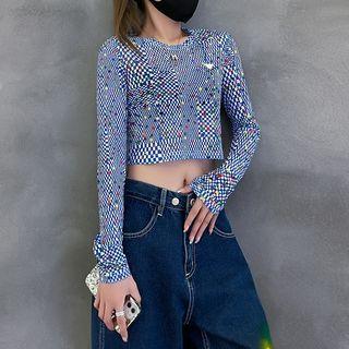Long-sleeve Checkerboard Mesh Crop Top