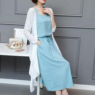 Set: Drawstring Waist Midi Tank Dress + Long Jacket