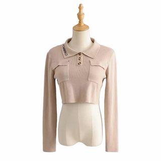 Polo-neck Letter Embroidered Crop Knit Top