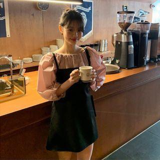 Spaghetti-strap Plain Mini A-line Dress / Puff-sleeve Blouse