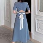 Short-sleeve Drawstring Open Back Plain Dress
