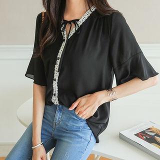 Ruffle-sleeve Lace-trim Chiffon Blouse