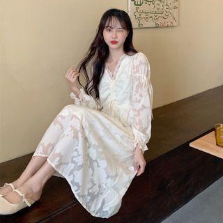 V-neck Floral Lace Drawstring A-line Dress