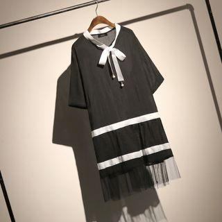 Bow Neck Elbow-sleeve Chiffon Dress