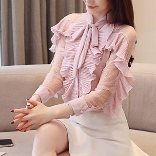 Embroidered Mesh Panel Ruffled Chiffon Blouse