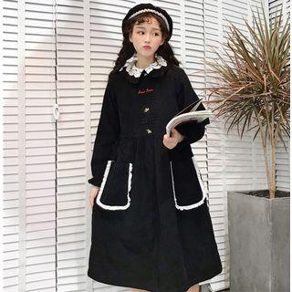 Letter Embroidered Long-sleeve Midi A-line Dress Black - One Size