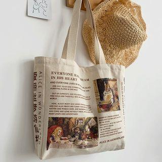 Lettering Print Canvas Tote Bag Off-white - One Size