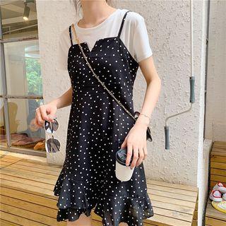 Set: Short-sleeve T-shirt + Spaghetti Strap Dotted Mini Dress As Shown In Figure - One Size