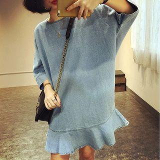 Batwing 3/4 Sleeve Flounced-hem Denim Shift Dress