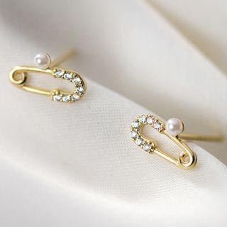 925 Sterling Silver Rhinestone Faux Pearl Safety Pin Earring 1 Pair - S925 Silver - One Size