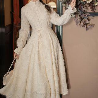 Long-sleeve Mandarin-collar Fluffy Midi Dress