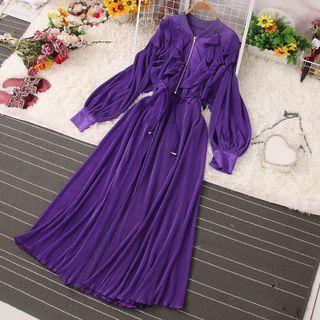 Puff-sleeve Shirred Ruffled Midi A-line Dress