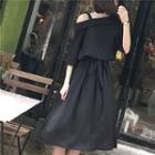 Elbow-sleeve Cold Shoulder A-line Midi Dress