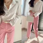 Drop-shoulder Open-placket Blouse Ivory - One Size